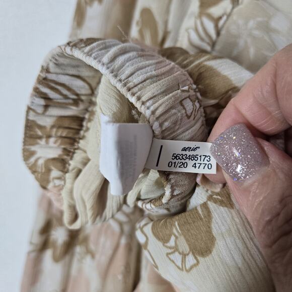 Aerie Tiered Maxi Skirt XL Ivory Beige Multi Floral Elastic Waist Tie Fairy Boho - Picture 9 of 12